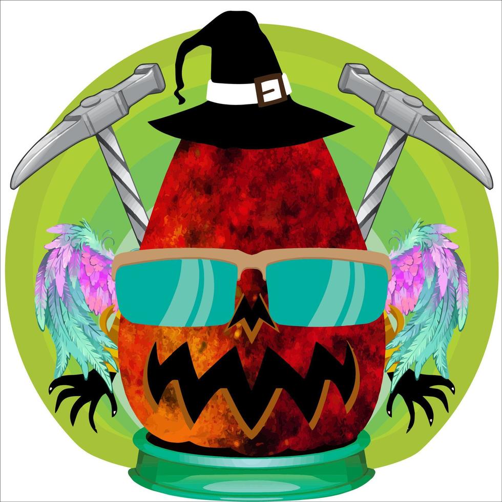 Creepy Party Halloween Pumpkin Head. Pumpkin Face with Weapon in the Behind. Suitable for E Sport Logo, T-Shirt and Others Print Stuff. vector