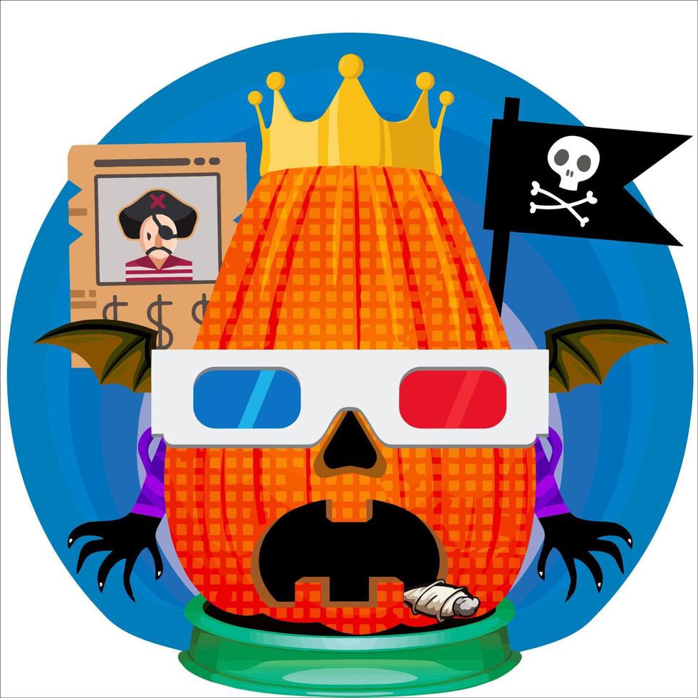 fiesta espeluznante cabeza de calabaza de halloween. cara de calabaza con arma en la espalda. adecuado para el logotipo del deporte electrónico, la camiseta y otras cosas impresas. vector