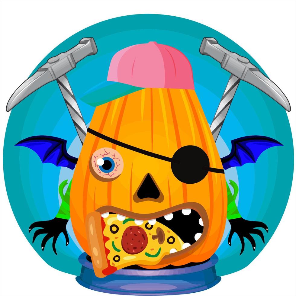 Creepy Party Halloween Pumpkin Head. Pumpkin Face with Weapon in the Behind. Suitable for E Sport Logo, T-Shirt and Others Print Stuff. vector