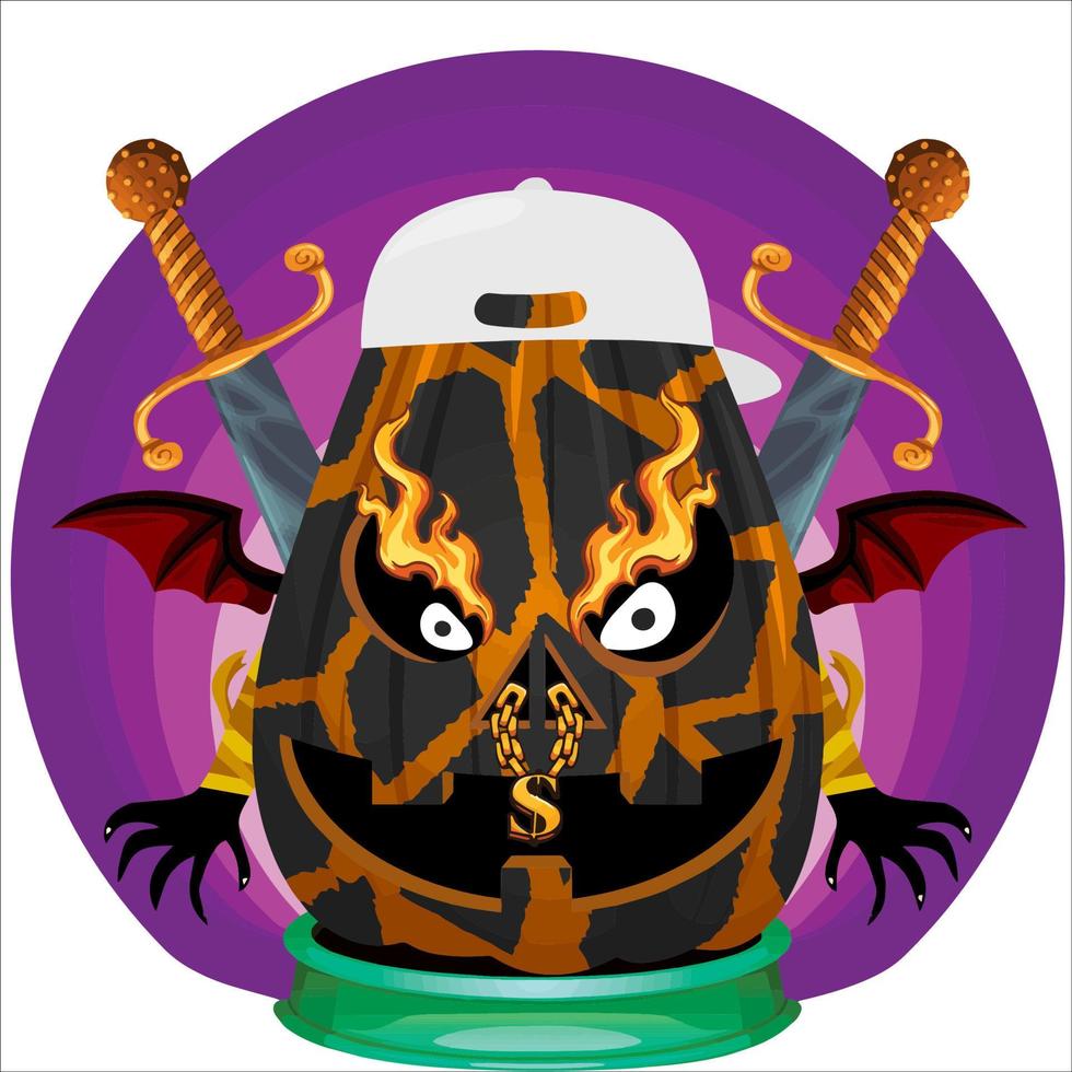 Creepy Party Halloween Pumpkin Head. Pumpkin Face with Weapon in the Behind. Suitable for E Sport Logo, T-Shirt and Others Print Stuff. vector