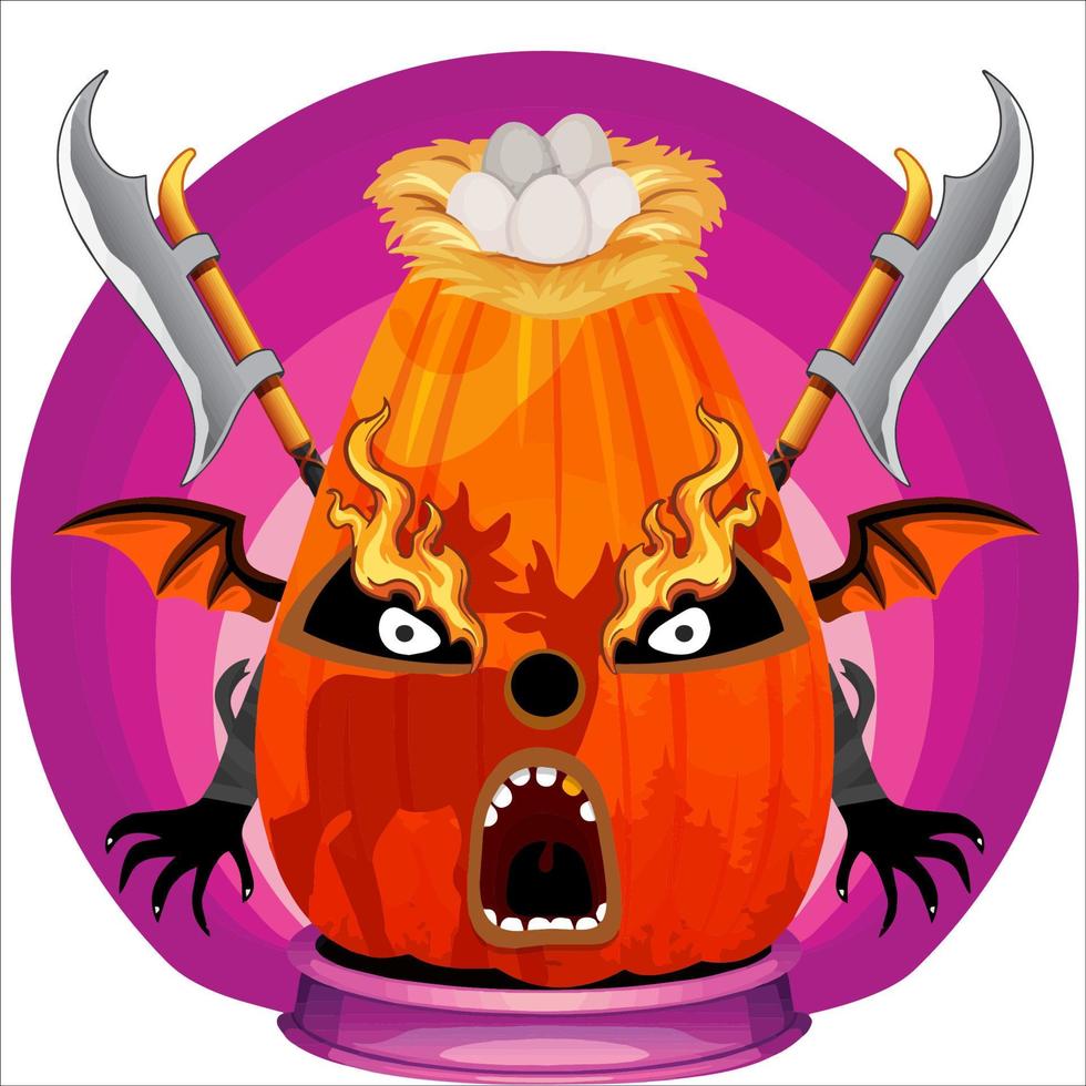 Creepy Party Halloween Pumpkin Head. Pumpkin Face with Weapon in the Behind. Suitable for E Sport Logo, T-Shirt and Others Print Stuff. vector