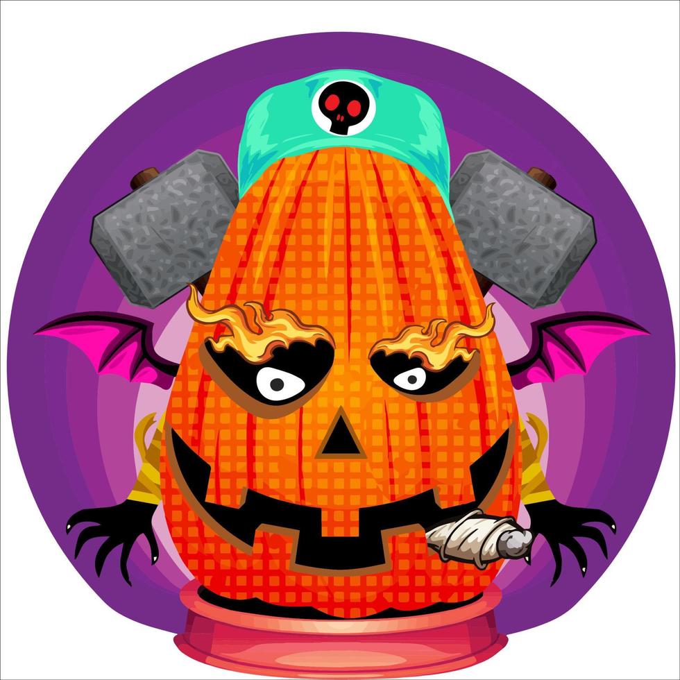 Creepy Party Halloween Pumpkin Head. Pumpkin Face with Weapon in the Behind. Suitable for E Sport Logo, T-Shirt and Others Print Stuff. vector