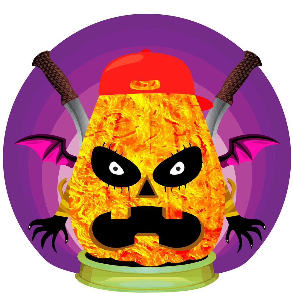 Creepy Party Halloween Pumpkin Head. Pumpkin Face with Weapon in the Behind. Suitable for E Sport Logo, T-Shirt and Others Print Stuff. vector