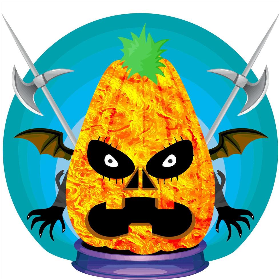 fiesta espeluznante cabeza de calabaza de halloween. cara de calabaza con arma en la espalda. adecuado para el logotipo del deporte electrónico, la camiseta y otras cosas impresas. vector