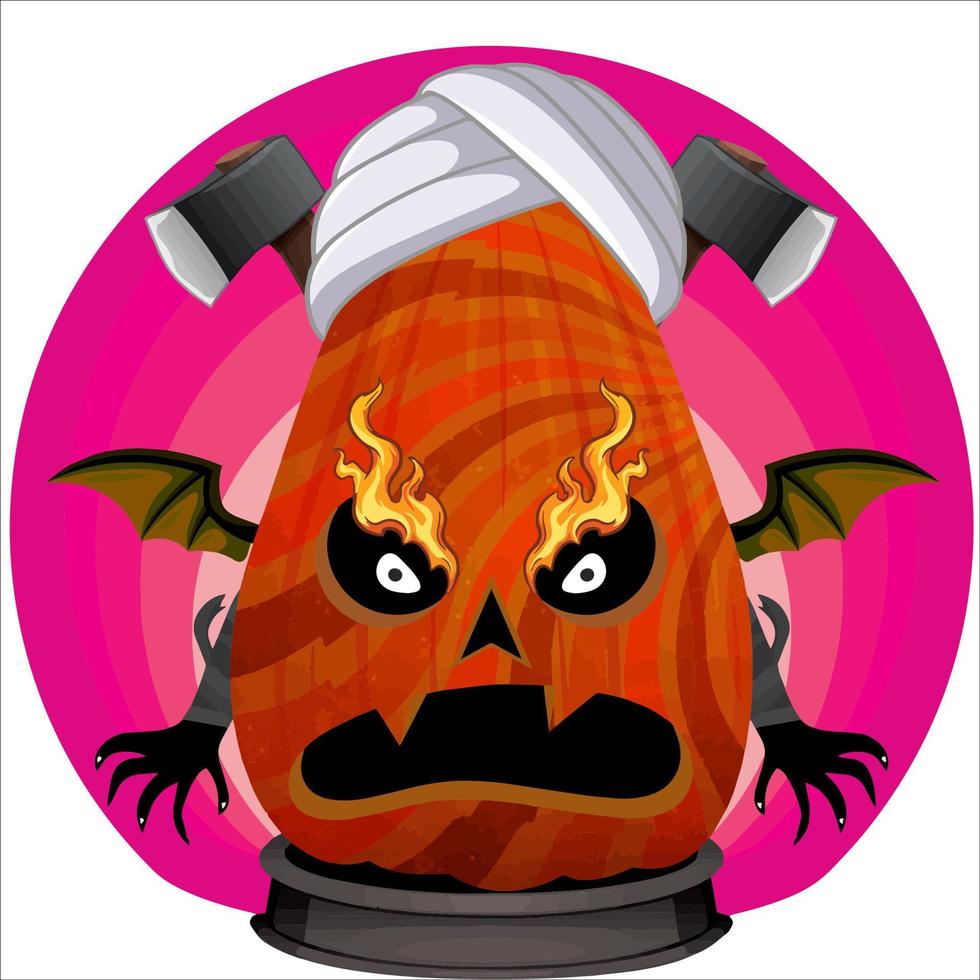 Creepy Party Halloween Pumpkin Head. Pumpkin Face with Weapon in the Behind. Suitable for E Sport Logo, T-Shirt and Others Print Stuff. vector