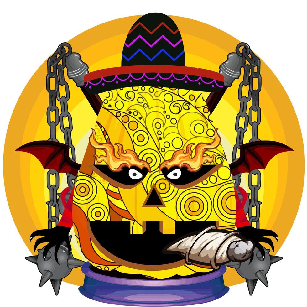 Creepy Party Halloween Pumpkin Head. Pumpkin Face with Weapon in the Behind. Suitable for E Sport Logo, T-Shirt and Others Print Stuff. vector