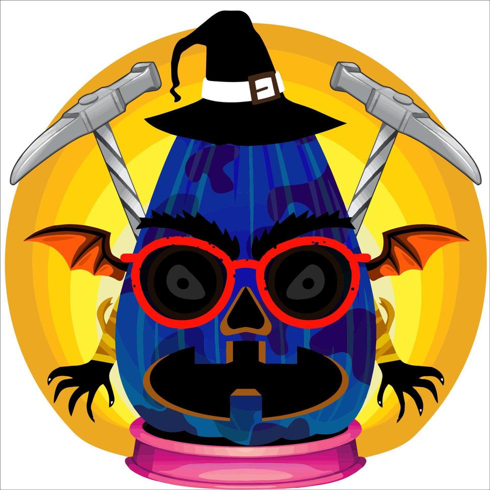 Creepy Party Halloween Pumpkin Head. Pumpkin Face with Weapon in the Behind. Suitable for E Sport Logo, T-Shirt and Others Print Stuff. vector