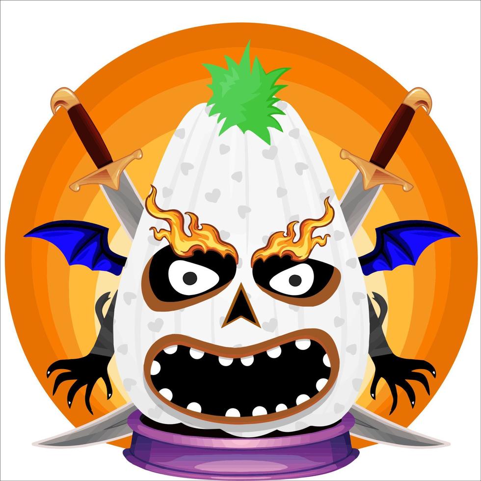 fiesta espeluznante cabeza de calabaza de halloween. cara de calabaza con arma en la espalda. adecuado para el logotipo del deporte electrónico, la camiseta y otras cosas impresas. vector