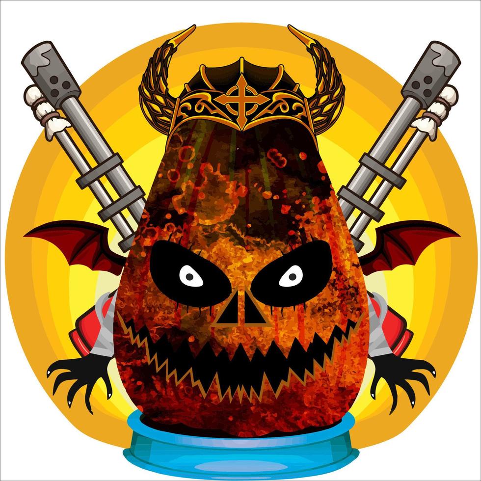 Creepy Party Halloween Pumpkin Head. Pumpkin Face with Weapon in the Behind. Suitable for E Sport Logo, T-Shirt and Others Print Stuff. vector