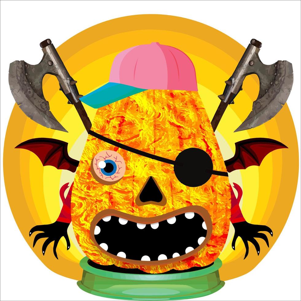Creepy Party Halloween Pumpkin Head. Pumpkin Face with Weapon in the Behind. Suitable for E Sport Logo, T-Shirt and Others Print Stuff. vector