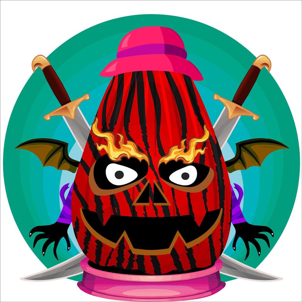Creepy Party Halloween Pumpkin Head with Weapon in the Behind. Halloween Pumpkin Face. Suitable for E Sport Logo, T Shirt and Others vector