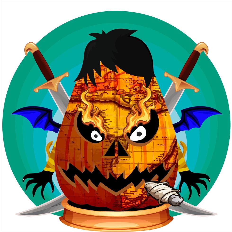 Creepy Party Halloween Pumpkin Head with Weapon in the Behind. Halloween Pumpkin Face. Suitable for E Sport Logo, T Shirt and Others vector