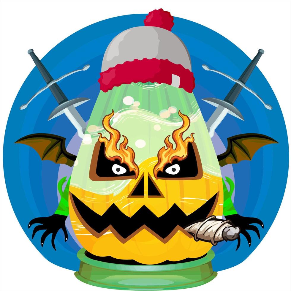 fiesta espeluznante cabeza de calabaza de halloween. cara de calabaza con arma en la espalda. adecuado para el logotipo del deporte electrónico, la camiseta y otras cosas impresas. vector