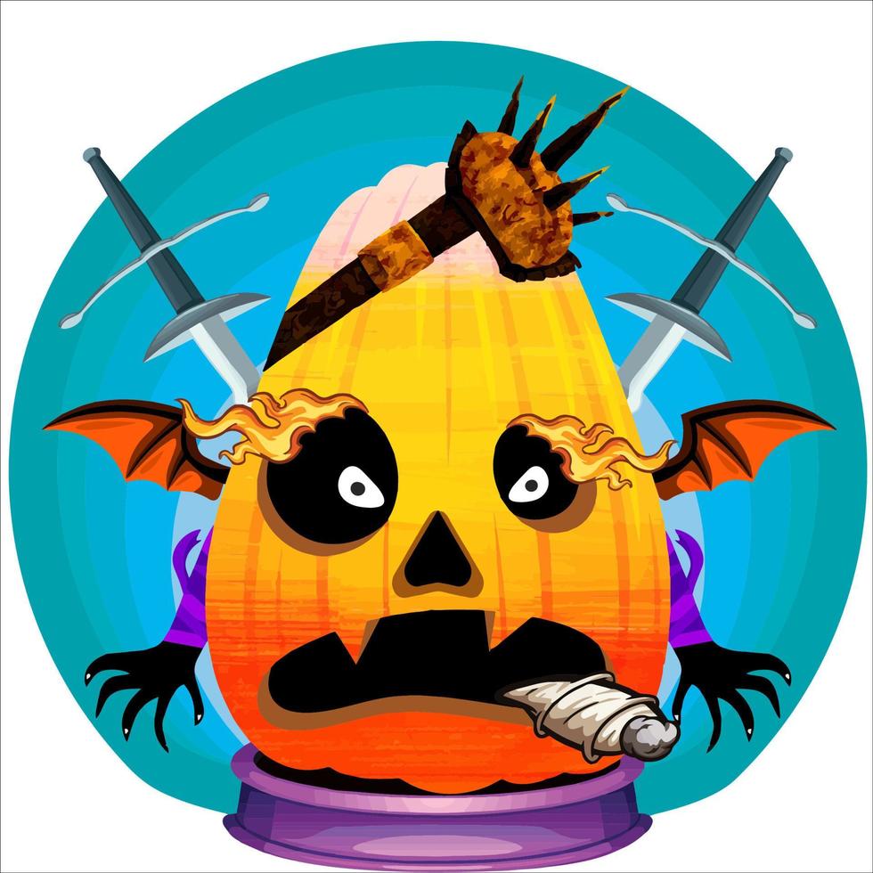 Creepy Party Halloween Pumpkin Head. Pumpkin Face with Weapon in the Behind. Suitable for E Sport Logo, T-Shirt and Others Print Stuff. vector