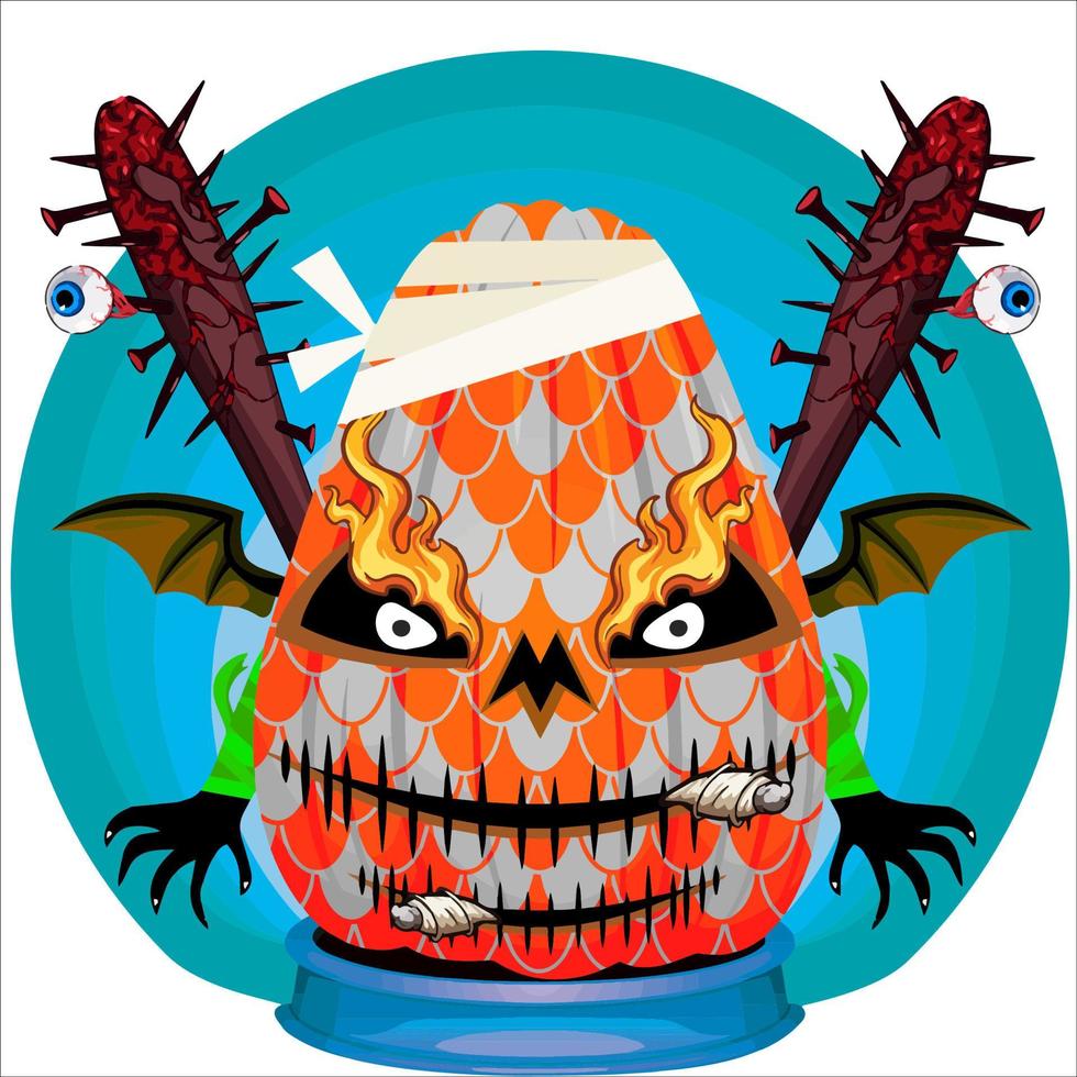 Creepy Party Halloween Pumpkin Head. Pumpkin Face with Weapon in the Behind. Suitable for E Sport Logo, T-Shirt and Others Print Stuff. vector