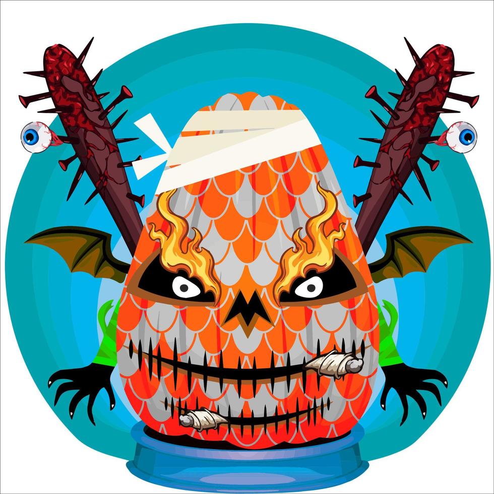 fiesta espeluznante cabeza de calabaza de halloween. cara de calabaza con arma en la espalda. adecuado para el logotipo del deporte electrónico, la camiseta y otras cosas impresas. vector