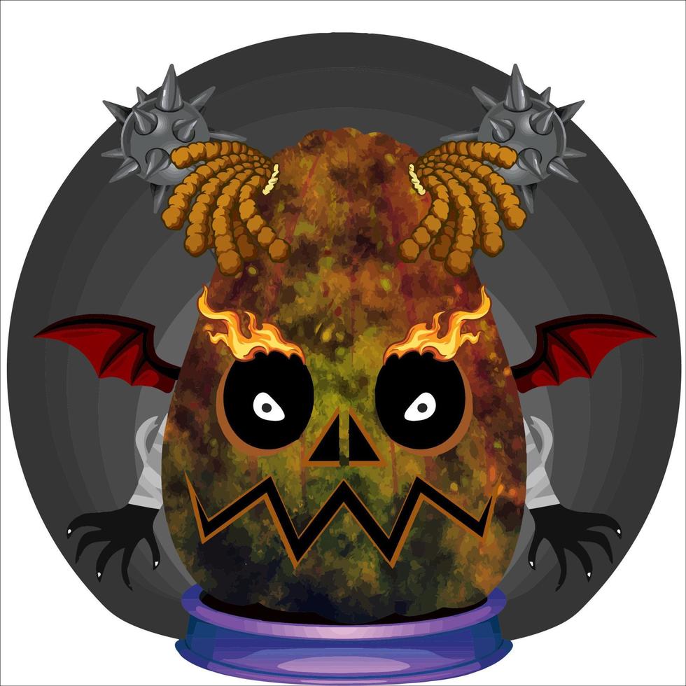 Creepy Party Halloween Pumpkin Head. Pumpkin Face with Weapon in the Behind. Suitable for E Sport Logo, T-Shirt and Others Print Stuff. vector