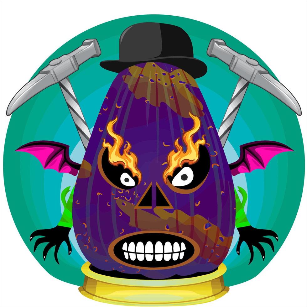 fiesta espeluznante cabeza de calabaza de halloween. cara de calabaza con arma en la espalda. adecuado para el logotipo del deporte electrónico, la camiseta y otras cosas impresas. vector