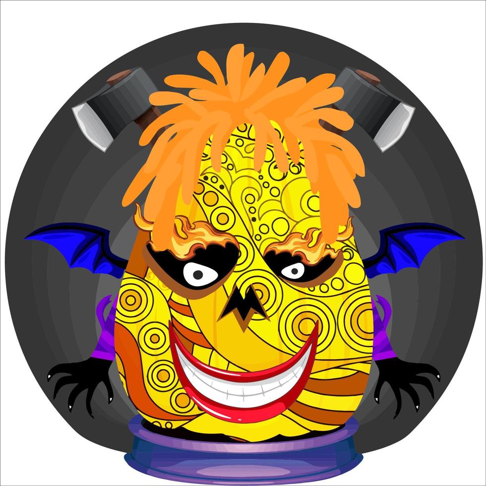 fiesta espeluznante cabeza de calabaza de halloween. cara de calabaza con arma en la espalda. adecuado para el logotipo del deporte electrónico, la camiseta y otras cosas impresas. vector