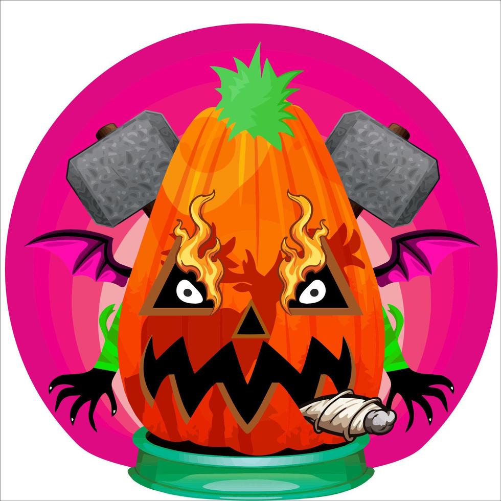 fiesta espeluznante cabeza de calabaza de halloween. cara de calabaza con arma en la espalda. adecuado para el logotipo del deporte electrónico, la camiseta y otras cosas impresas. vector