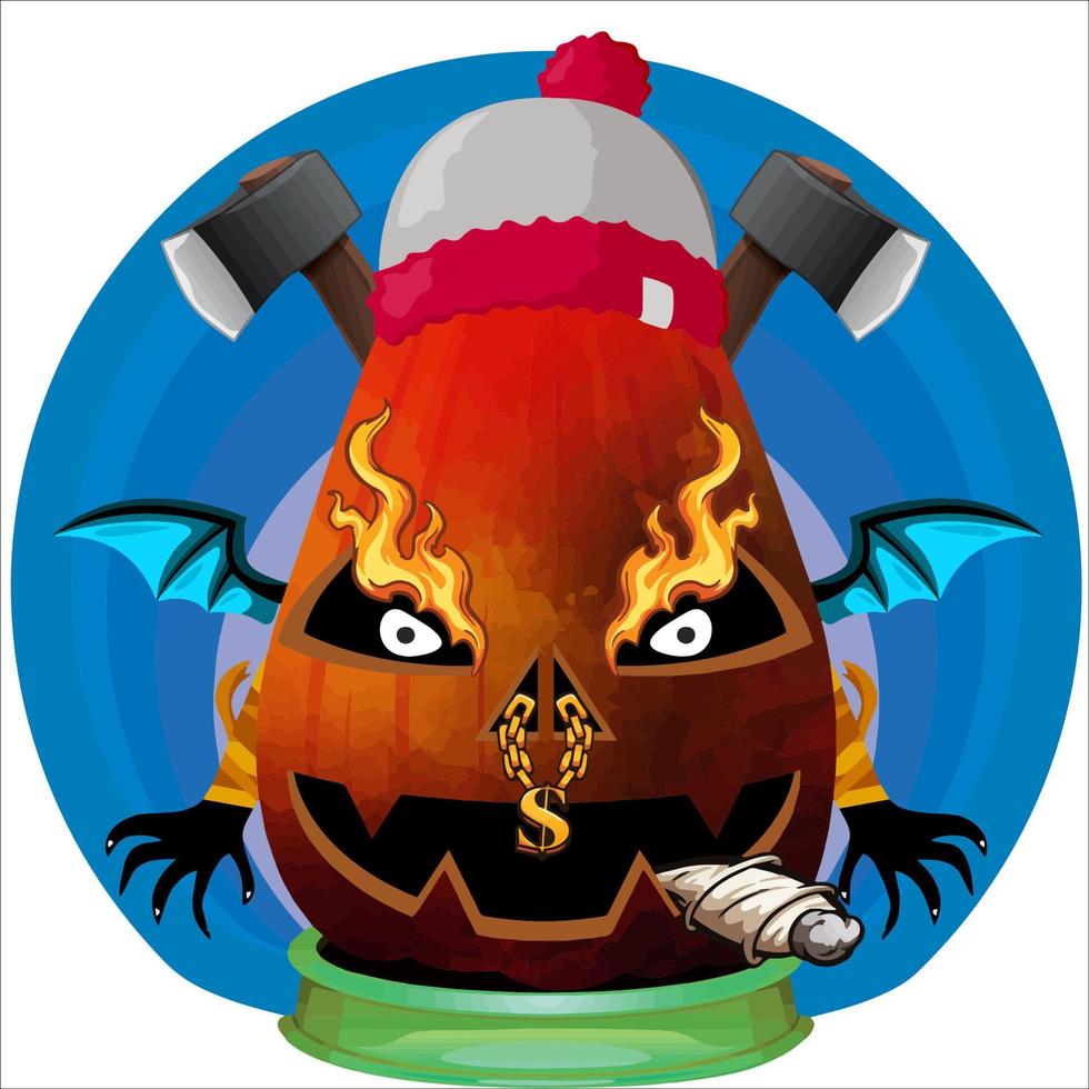 Creepy Party Halloween Pumpkin Head with Weapon in the Behind. Halloween Pumpkin Face. Suitable for E Sport Logo, T Shirt and Others vector