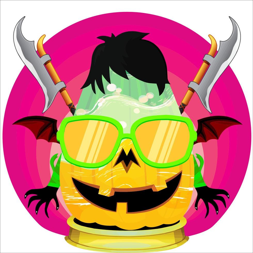 Creepy Party Halloween Pumpkin Head. Pumpkin Face with Weapon in the Behind. Suitable for E Sport Logo, T-Shirt and Others Print Stuff. vector