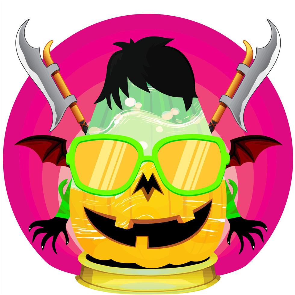 fiesta espeluznante cabeza de calabaza de halloween. cara de calabaza con arma en la espalda. adecuado para el logotipo del deporte electrónico, la camiseta y otras cosas impresas. vector