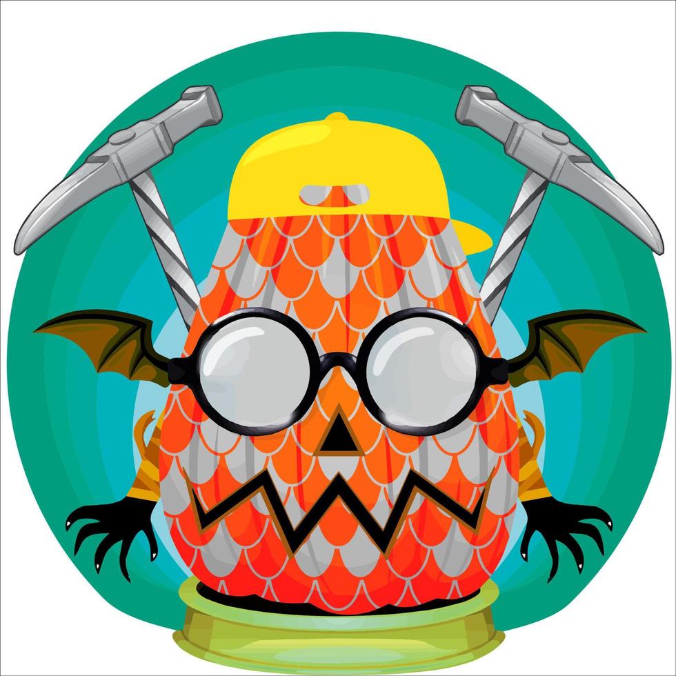 Creepy Party Halloween Pumpkin Head. Pumpkin Face with Weapon in the Behind. Suitable for E Sport Logo, T-Shirt and Others Print Stuff. vector