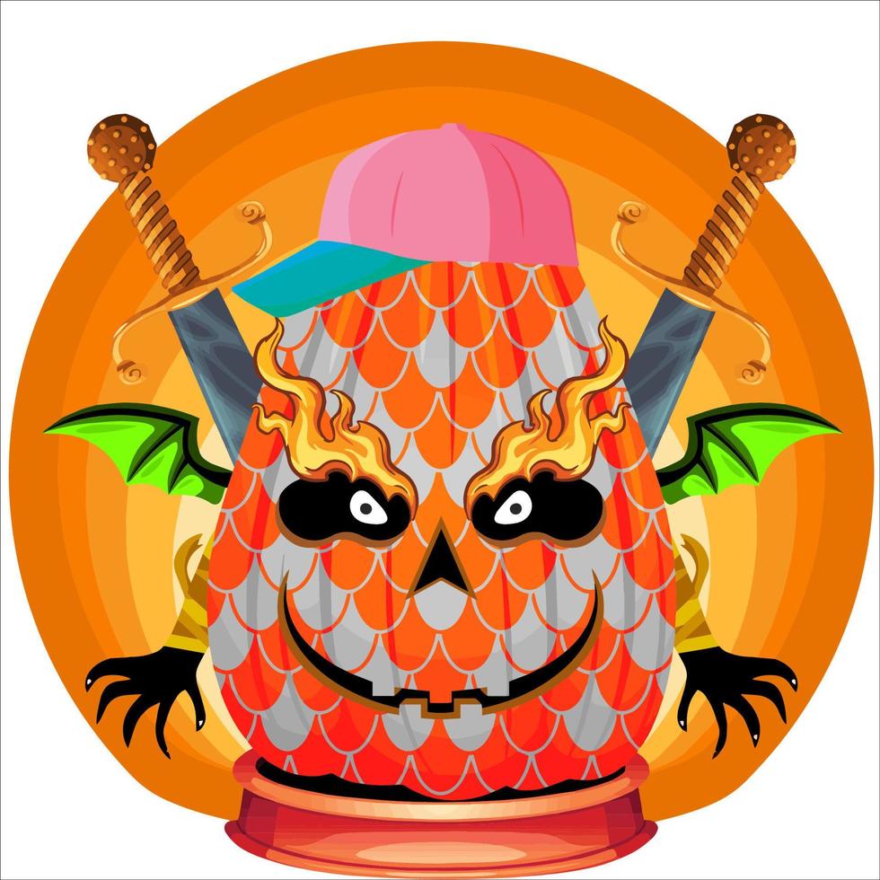 fiesta espeluznante cabeza de calabaza de halloween con arma en la parte de atrás. cara de calabaza de halloween. adecuado para el logotipo de e sport, camiseta y otros vector