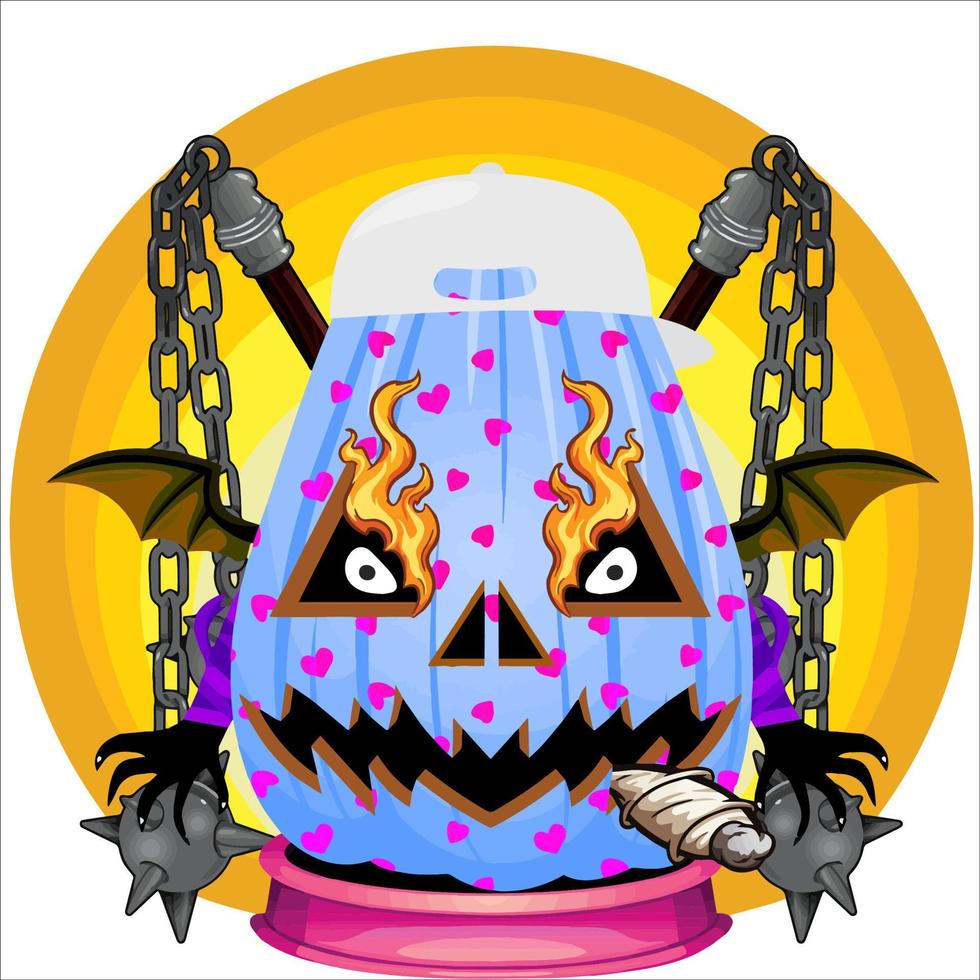 fiesta espeluznante cabeza de calabaza de halloween. cara de calabaza con arma en la espalda. adecuado para el logotipo del deporte electrónico, la camiseta y otras cosas impresas. vector