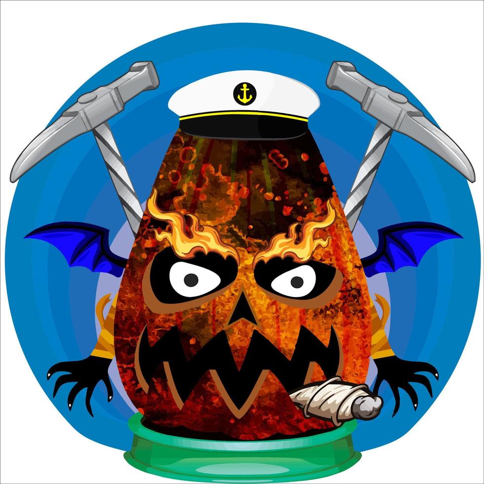Creepy Party Halloween Pumpkin Head. Pumpkin Face with Weapon in the Behind. Suitable for E Sport Logo, T-Shirt and Others Print Stuff. vector