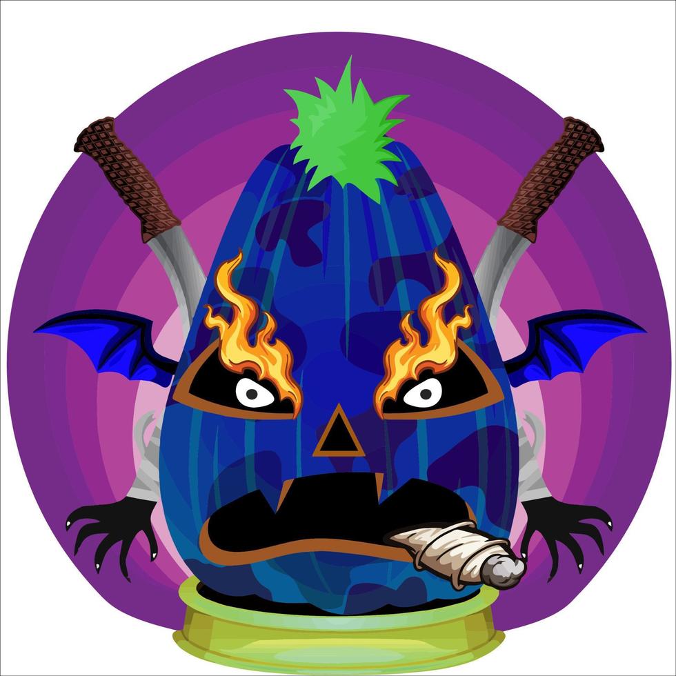 fiesta espeluznante cabeza de calabaza de halloween. cara de calabaza con arma en la espalda. adecuado para el logotipo del deporte electrónico, la camiseta y otras cosas impresas. vector