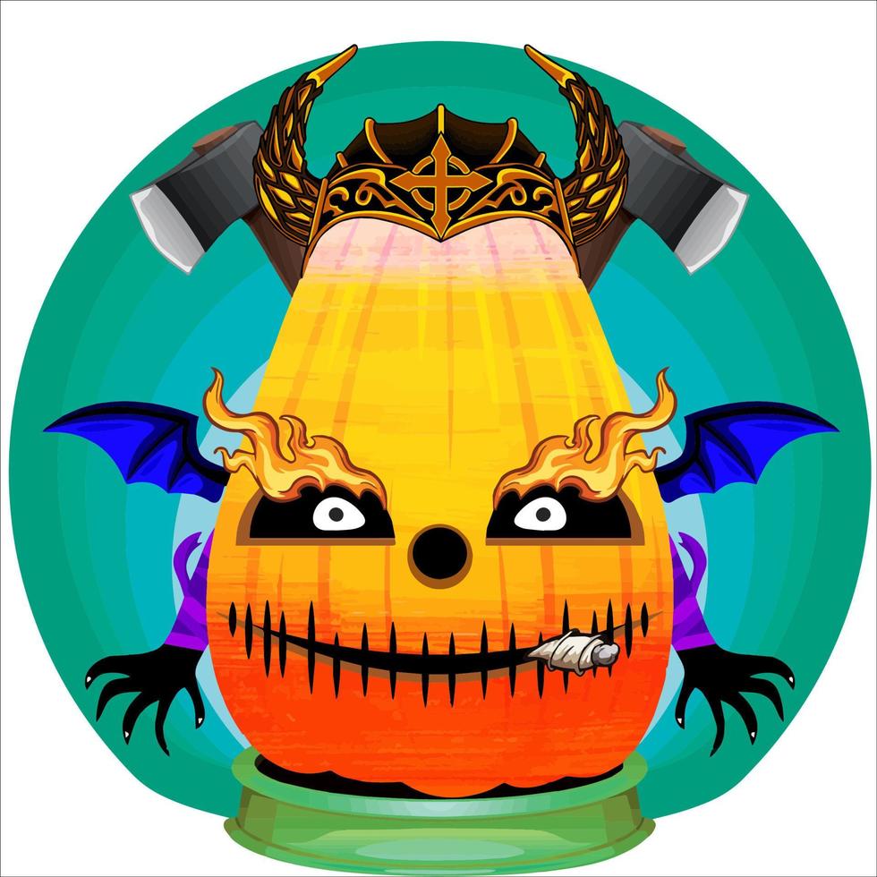 fiesta espeluznante cabeza de calabaza de halloween. cara de calabaza con arma en la espalda. adecuado para el logotipo del deporte electrónico, la camiseta y otras cosas impresas. vector