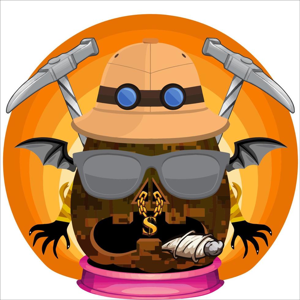 fiesta espeluznante cabeza de calabaza de halloween con arma en la parte de atrás. cara de calabaza de halloween. adecuado para el logotipo de e sport, camiseta y otros vector