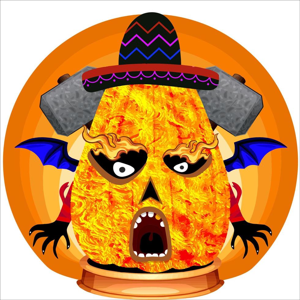 Creepy Party Halloween Pumpkin Head. Pumpkin Face with Weapon in the Behind. Suitable for E Sport Logo, T-Shirt and Others Print Stuff. vector