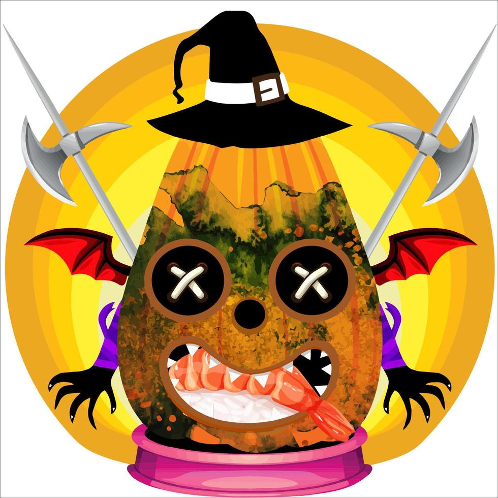 fiesta espeluznante cabeza de calabaza de halloween. cara de calabaza con arma en la espalda. adecuado para el logotipo del deporte electrónico, la camiseta y otras cosas impresas. vector