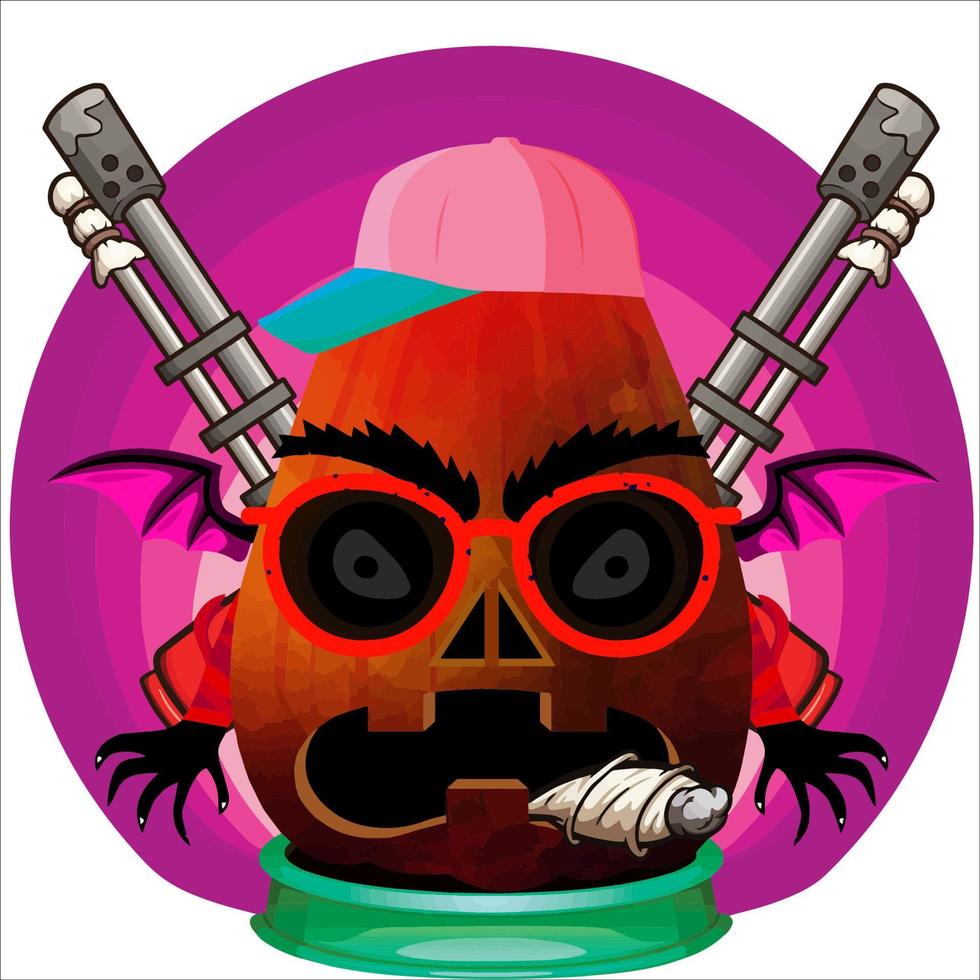 Creepy Party Halloween Pumpkin Head. Pumpkin Face with Weapon in the Behind. Suitable for E Sport Logo, T-Shirt and Others Print Stuff. vector