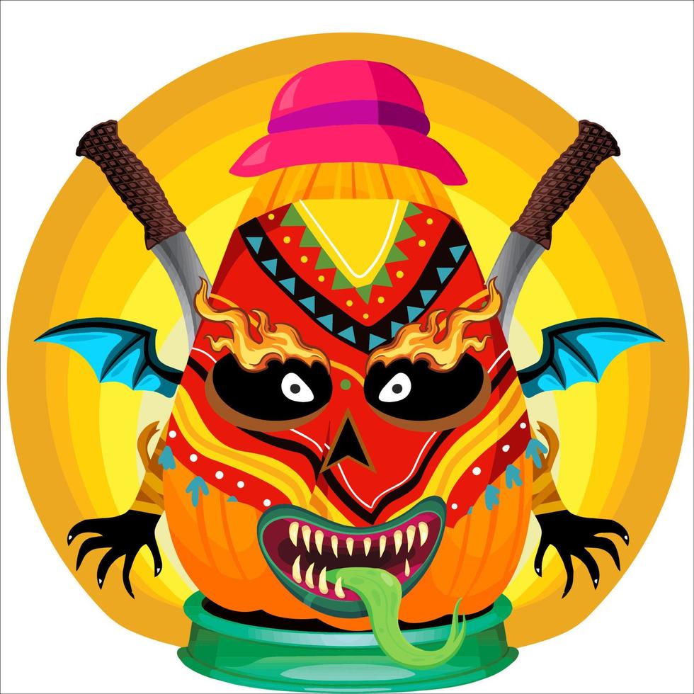 fiesta espeluznante cabeza de calabaza de halloween. cara de calabaza con arma en la espalda. adecuado para el logotipo del deporte electrónico, la camiseta y otras cosas impresas. vector