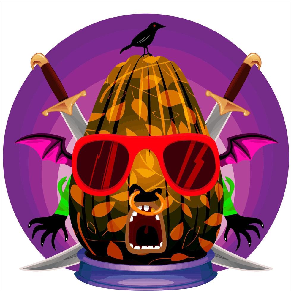 fiesta espeluznante cabeza de calabaza de halloween con arma en la parte de atrás. cara de calabaza de halloween. adecuado para el logotipo de e sport, camiseta y otros vector