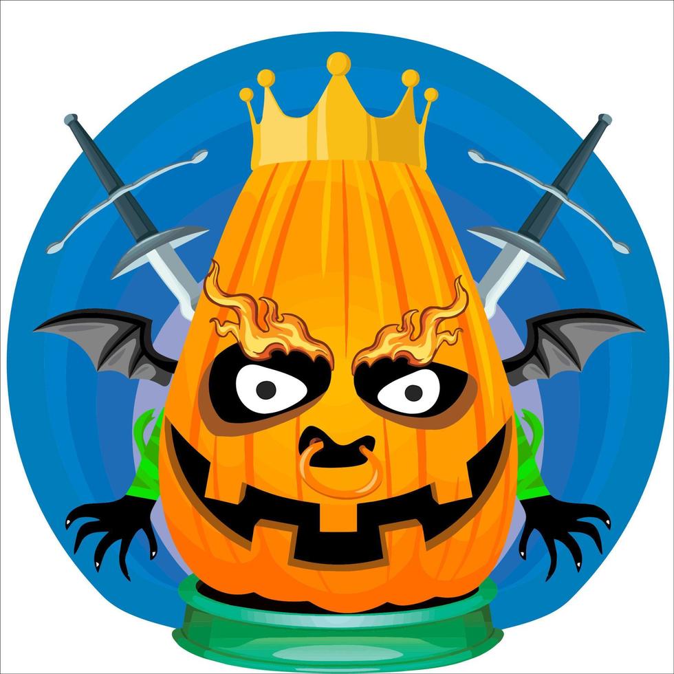 fiesta espeluznante cabeza de calabaza de halloween. cara de calabaza con arma en la espalda. adecuado para el logotipo del deporte electrónico, la camiseta y otras cosas impresas. vector