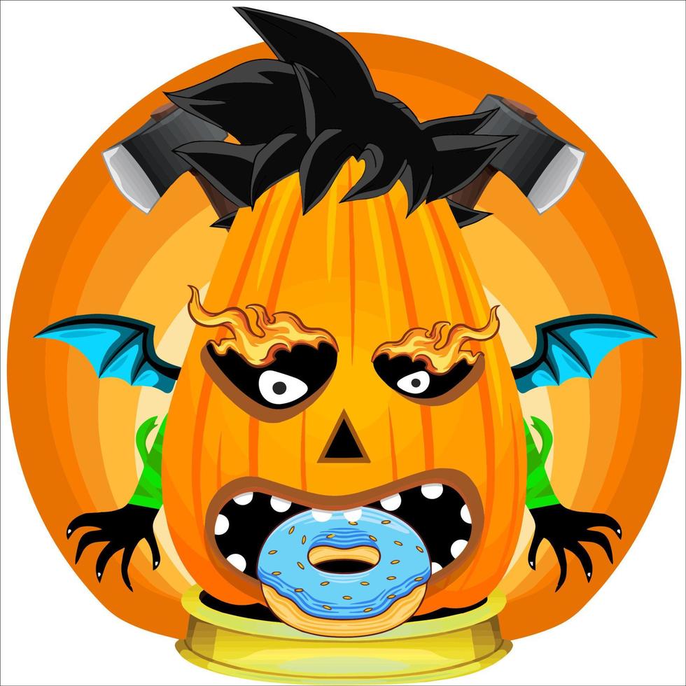 fiesta espeluznante cabeza de calabaza de halloween. cara de calabaza con arma en la espalda. adecuado para el logotipo del deporte electrónico, la camiseta y otras cosas impresas. vector