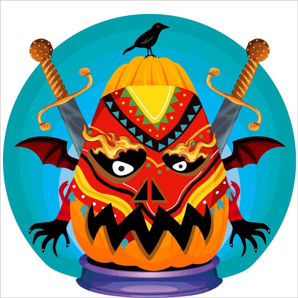 fiesta espeluznante cabeza de calabaza de halloween. cara de calabaza con arma en la espalda. adecuado para el logotipo del deporte electrónico, la camiseta y otras cosas impresas. vector