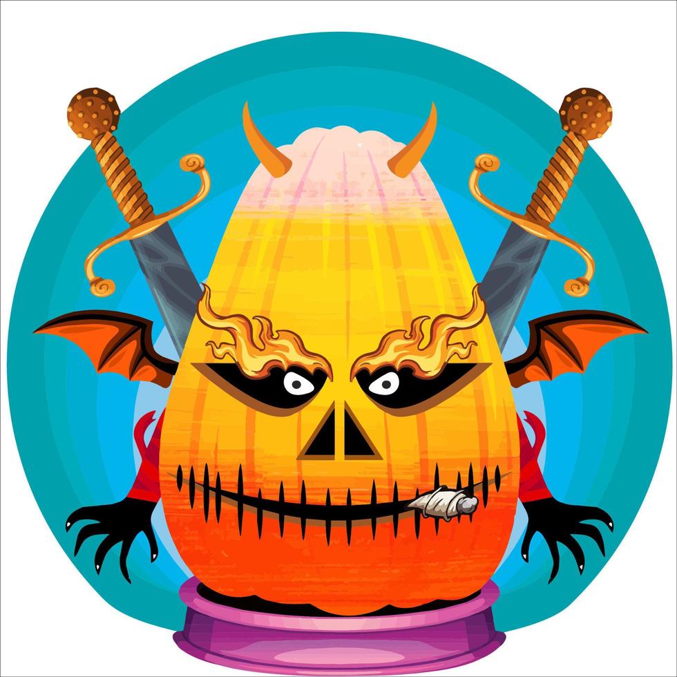 Creepy Party Halloween Pumpkin Head. Pumpkin Face with Weapon in the Behind. Suitable for E Sport Logo, T-Shirt and Others Print Stuff. vector
