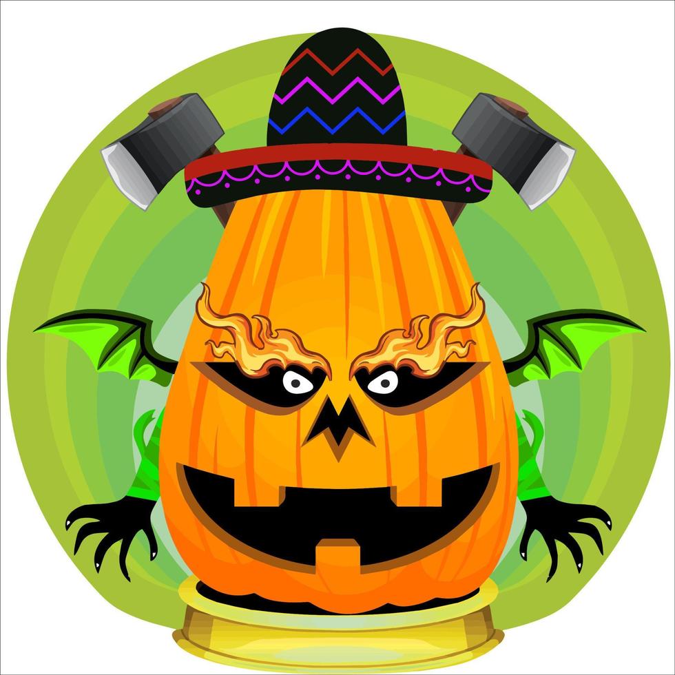 fiesta espeluznante cabeza de calabaza de halloween. cara de calabaza con arma en la espalda. adecuado para el logotipo del deporte electrónico, la camiseta y otras cosas impresas. vector