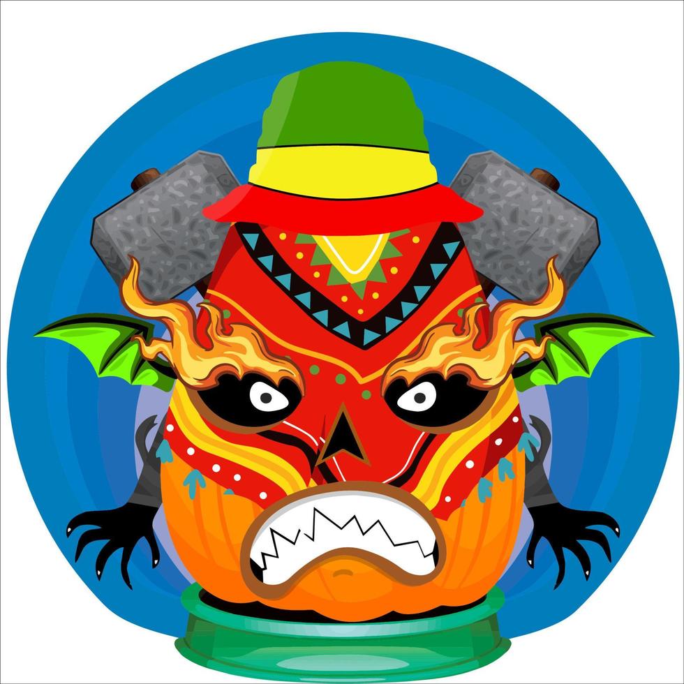 Creepy Party Halloween Pumpkin Head. Pumpkin Face with Weapon in the Behind. Suitable for E Sport Logo, T-Shirt and Others Print Stuff. vector
