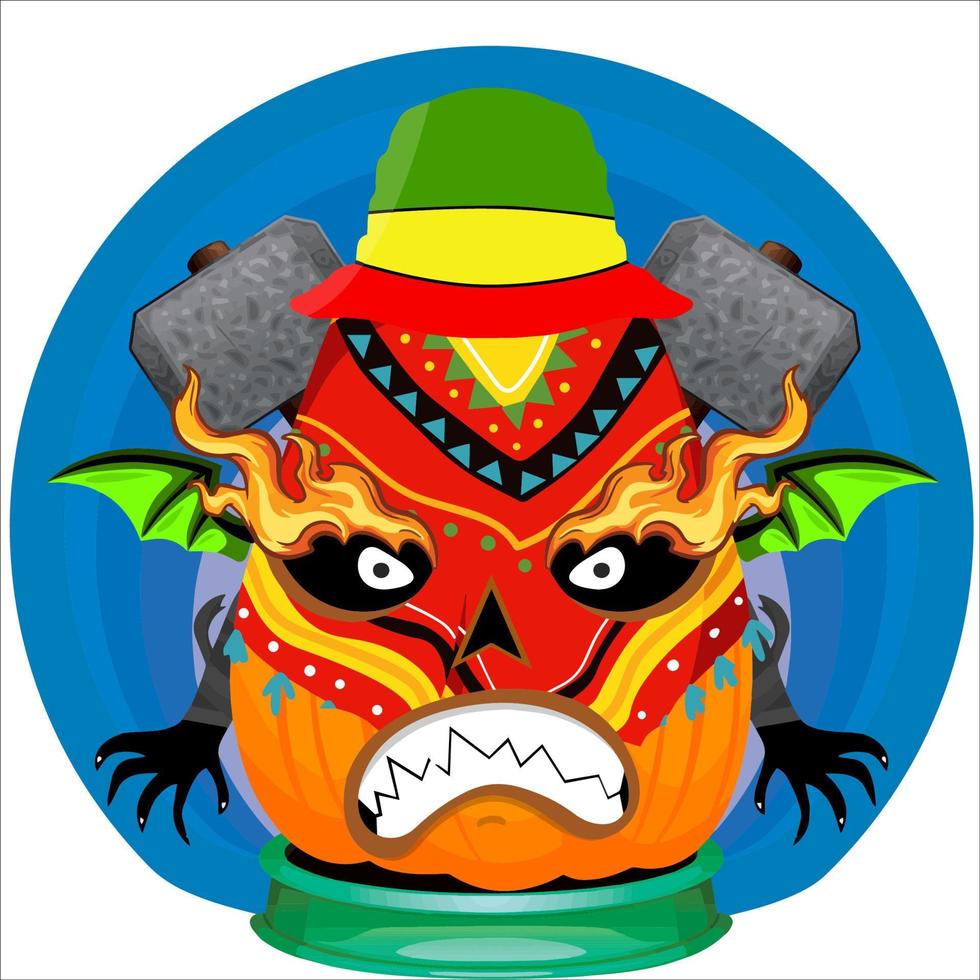 fiesta espeluznante cabeza de calabaza de halloween. cara de calabaza con arma en la espalda. adecuado para el logotipo del deporte electrónico, la camiseta y otras cosas impresas. vector