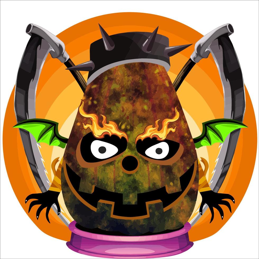 Creepy Party Halloween Pumpkin Head. Pumpkin Face with Weapon in the Behind. Suitable for E Sport Logo, T-Shirt and Others Print Stuff. vector