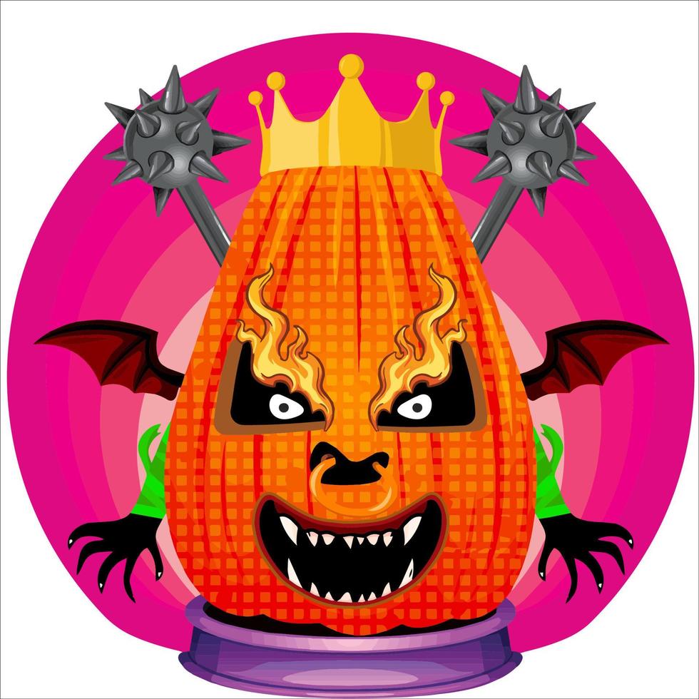 fiesta espeluznante cabeza de calabaza de halloween. cara de calabaza con arma en la espalda. adecuado para el logotipo del deporte electrónico, la camiseta y otras cosas impresas. vector