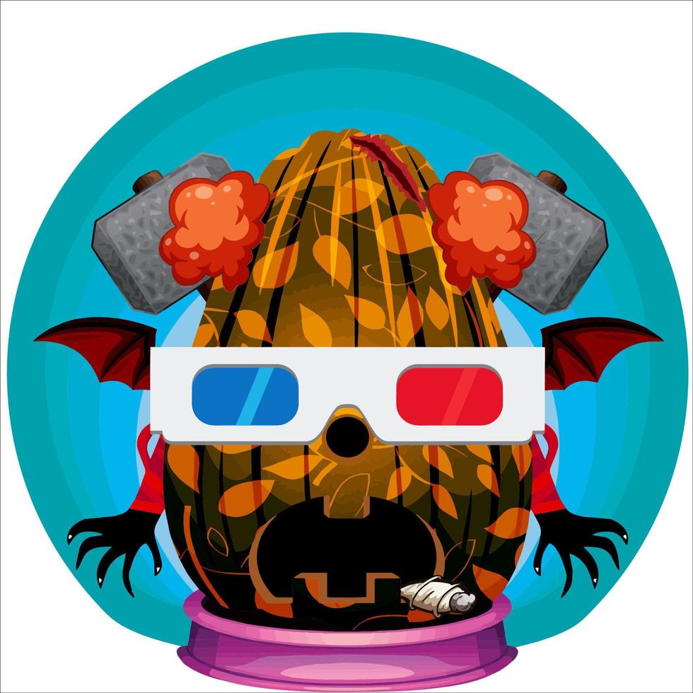 fiesta espeluznante cabeza de calabaza de halloween. cara de calabaza con arma en la espalda. adecuado para el logotipo del deporte electrónico, la camiseta y otras cosas impresas. vector