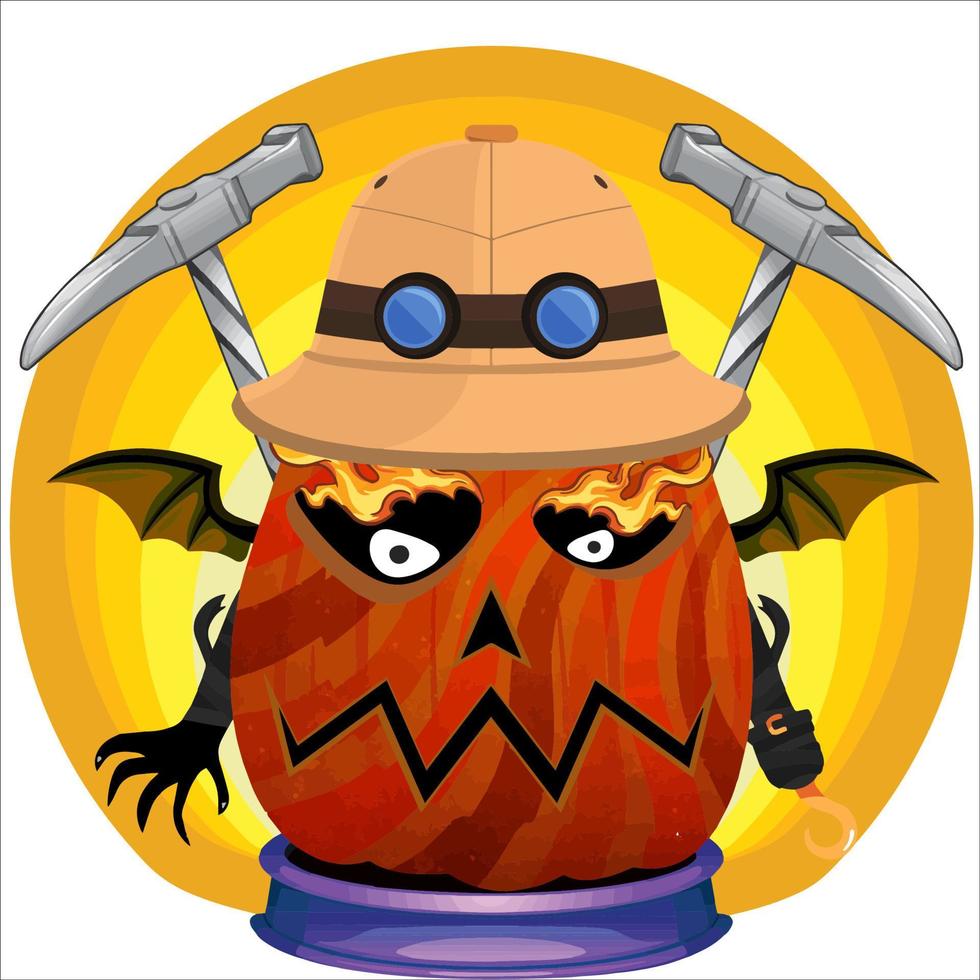 Creepy Party Halloween Pumpkin Head. Pumpkin Face with Weapon in the Behind. Suitable for E Sport Logo, T-Shirt and Others Print Stuff. vector
